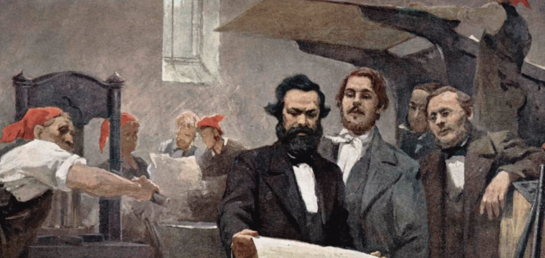 Portrait of Marx and Engels in the Rheinische Zeitung (Rhineland News) printing room